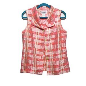 Womens Vest Top Sleeveless Button Up Sz L collared BORCELLINI coral plaid EC